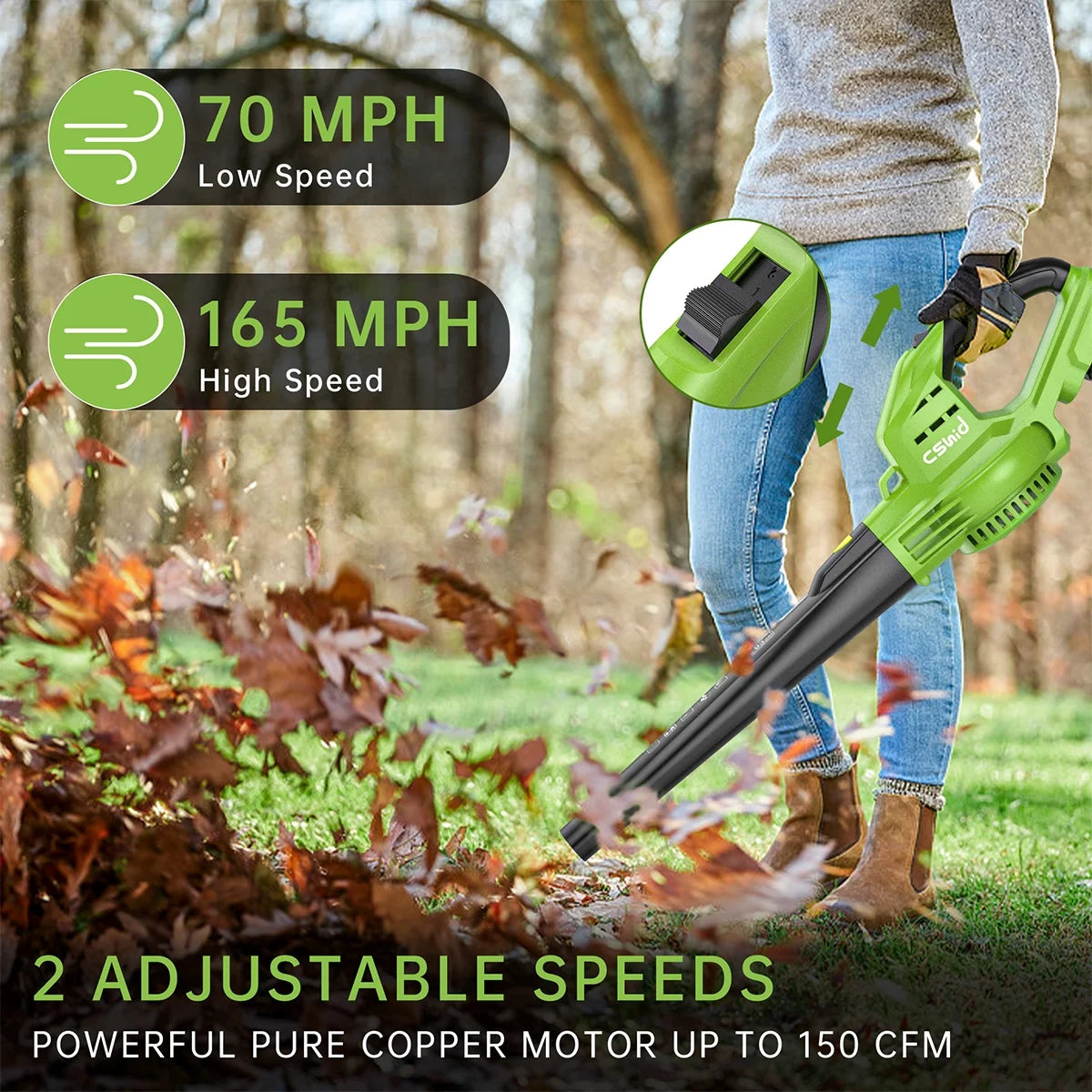 Leaf Blower, 20V Cordless Leaf Blower with 2 X 2.0 Ah Battery & Charger, Electric Leaf Blower for Lawn Care, 2 Speed Mode, 320CFM 165MPH Battery Powered Leaf Blower for Patio, Garden Cleaning, Yellow