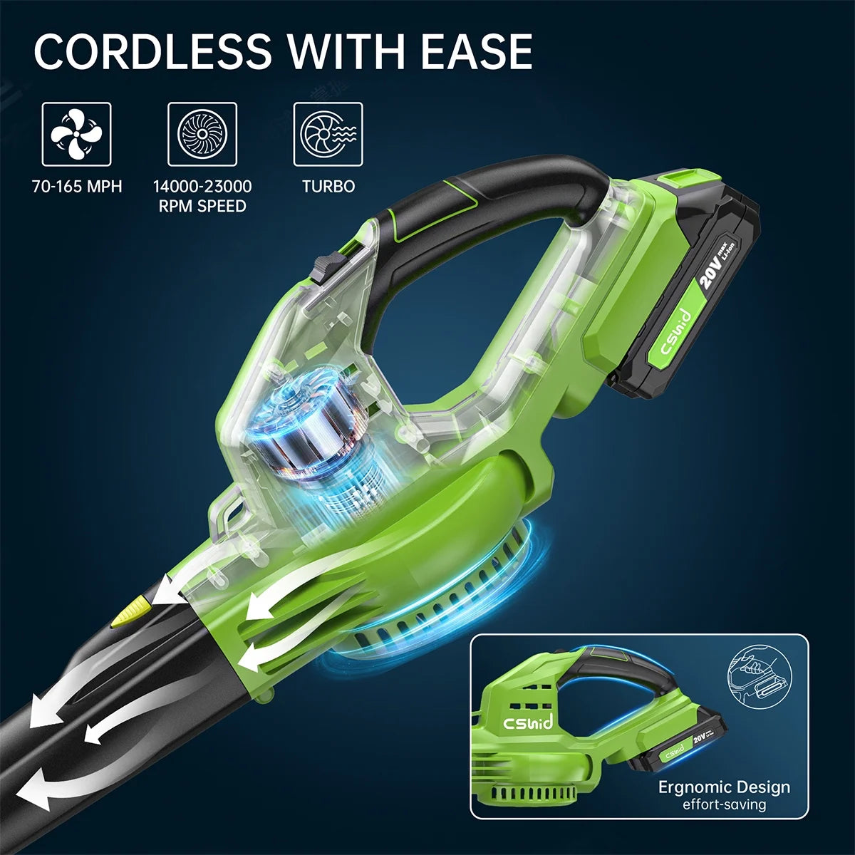 Leaf Blower, 20V Cordless Leaf Blower with 2 X 2.0 Ah Battery & Charger, Electric Leaf Blower for Lawn Care, 2 Speed Mode, 320CFM 165MPH Battery Powered Leaf Blower for Patio, Garden Cleaning, Yellow