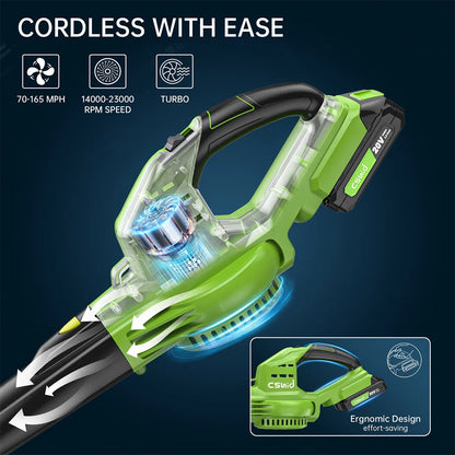 Leaf Blower, 20V Cordless Leaf Blower with 2 X 2.0 Ah Battery & Charger, Electric Leaf Blower for Lawn Care, 2 Speed Mode, 320CFM 165MPH Battery Powered Leaf Blower for Patio, Garden Cleaning, Yellow